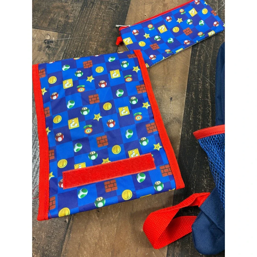Nintendo Super Mario Bros 3 Piece Backpack Set Lunch Bag Pencil Case Blue Red